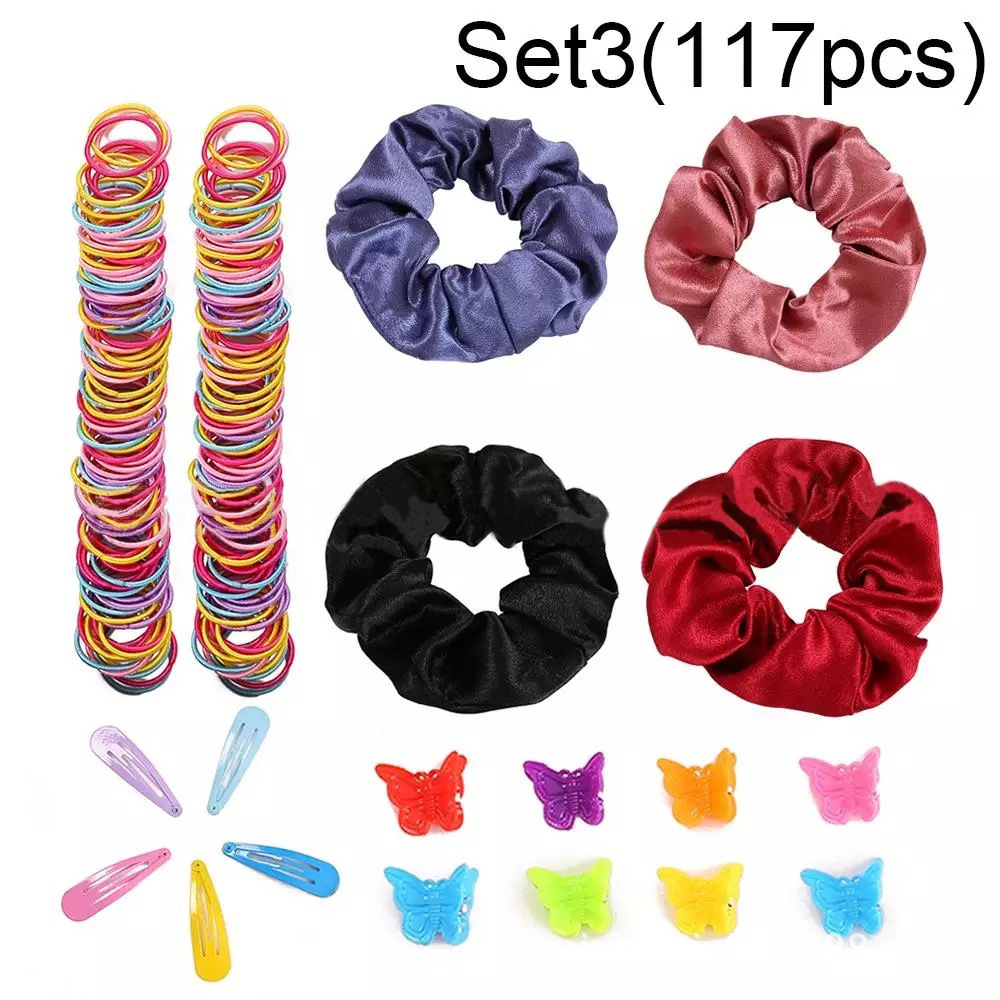 Accesorios para el cabello combinación traje banda de goma horquilla simple cuerda de pelo femenino satén color sólido cerdo intestino grueso anillo de pelo tocado de mariposa