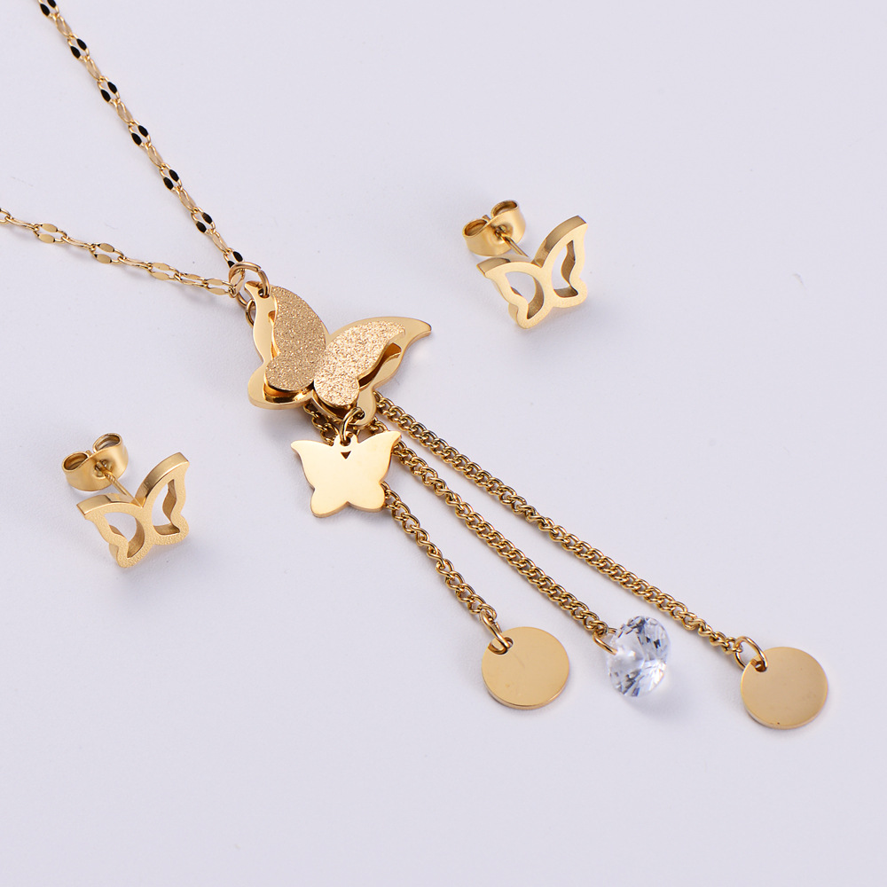 Fashion Exquisite Butterfly Tassel Zirconium Inlaid Stainless Steel Necklace Earring Set