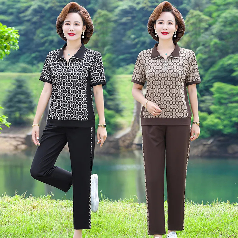 Plus-Size Women's Summer Sports Casual Outfit for Moms, New Stylish Two-Piece Set for Middle-Aged and Older Women