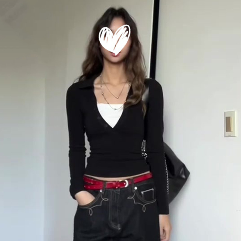 韩系穿搭假两件拼接撞色长袖T恤修身显瘦辣妹设计感女上衣潮|undefined
