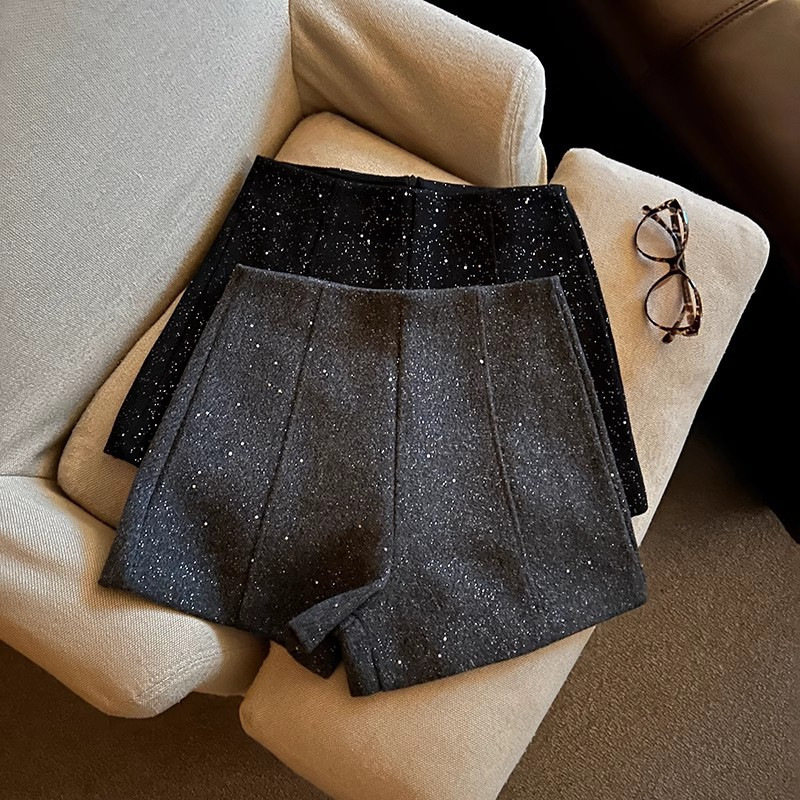Black Woolen Sequin Shorts Women's 2024 Autumn and Winter New Explosions High Waist Small Outer Wear A- Shaped Wide-Leg Boots Pants Black Woolen Sequin Shorts Women's 2024 Autumn and Winter New Explosions High Waist Small Outer Wear A- Shaped Wide-Leg Boots Pants