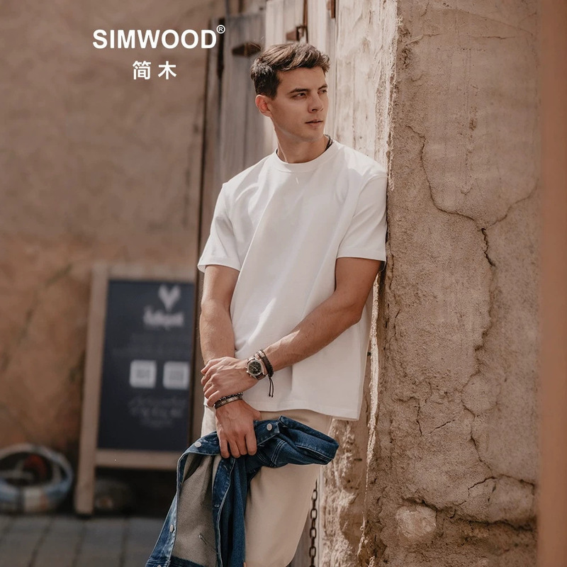 Simwood Men's Clothing [Loose Fit] 310g Basic Solid Color Heavyweight Crew Neck Short Sleeve T-Shirt
