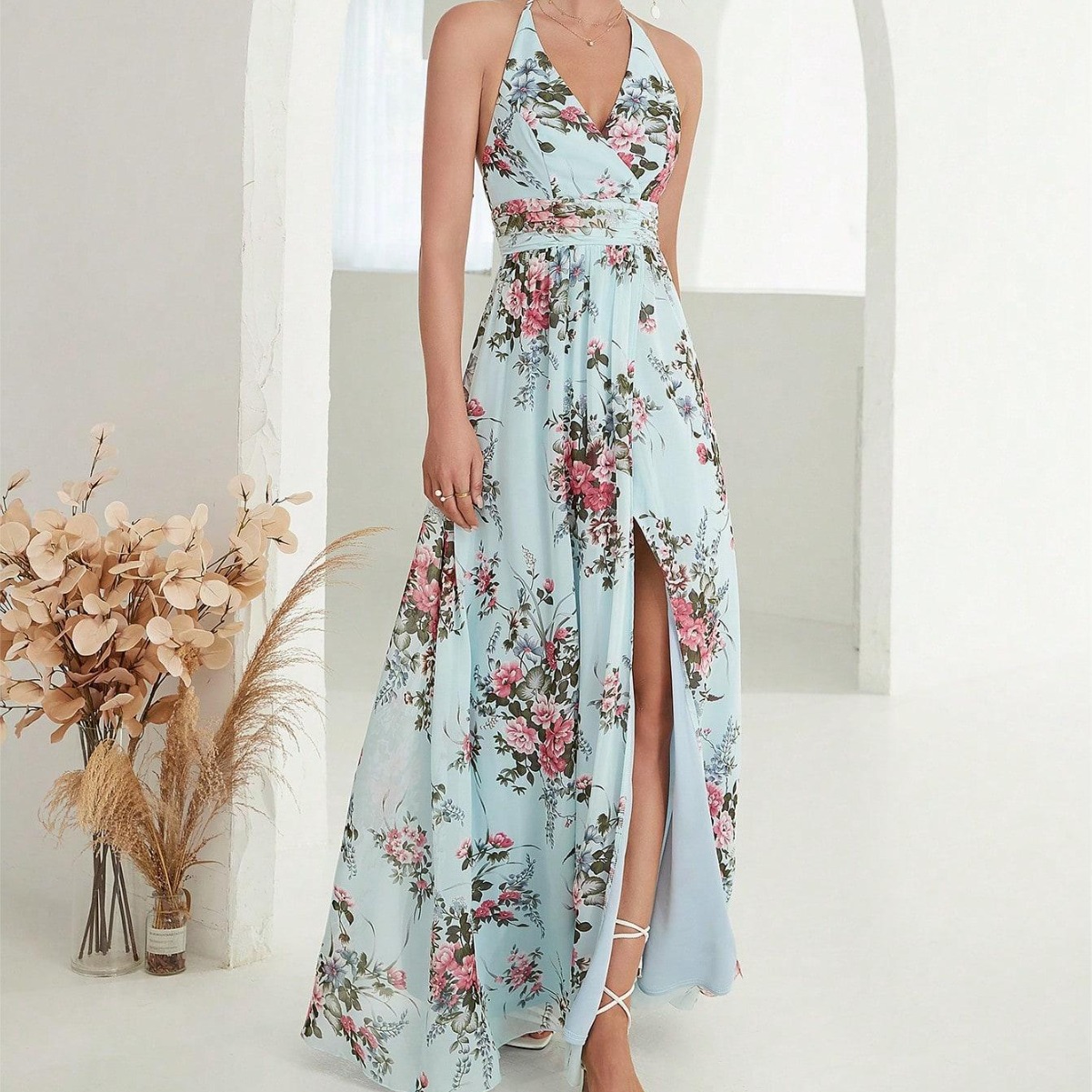 Halter evening dress Amazon new back strap backless slit elegant printed chiffon dress ball gown