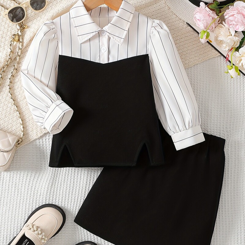 2025 Spring New Long-Sleeved Stripesd White Shirt Contrasting Color Top Loose Two-Piece Suit Girls Fake Two-Piece Shirt