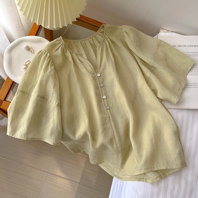 女性用フレンチライトで優しいリネンシャツ、夏用無地リネンシャツ、怠惰で年齢を軽減するコットンとリネンのシャツトップ|undefined