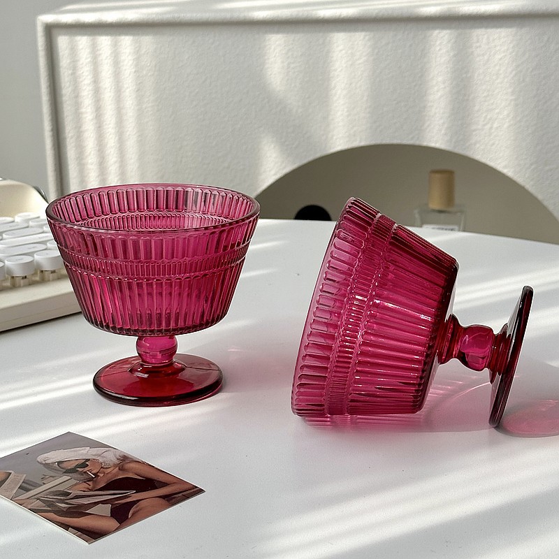 ins風玫紅豎紋冰淇淋杯家用酸奶杯甜品碗早餐碗沙拉碗高腳玻璃杯