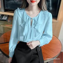 温柔风感荷叶边系带雪纺衫女2023年秋季宽松显瘦百搭减龄上衣