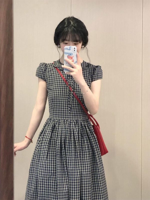 法式复古学风格纹花边泡泡袖连衣裙女夏季新款高腰减龄A字长裙|undefined