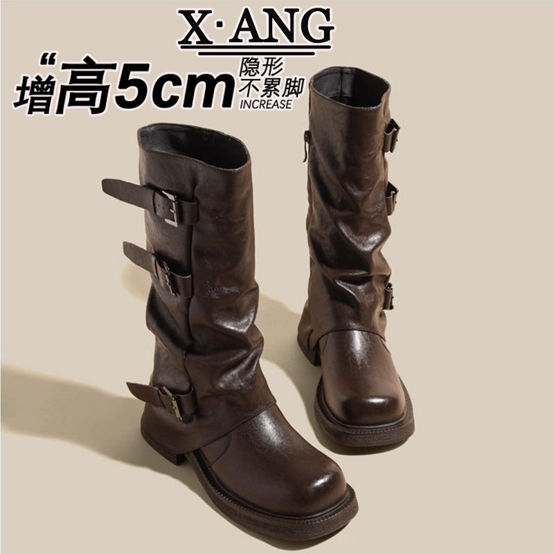真皮高筒靴子女靴不过膝长靴粗跟厚底增高骑士靴西部牛仔靴堆堆靴|undefined