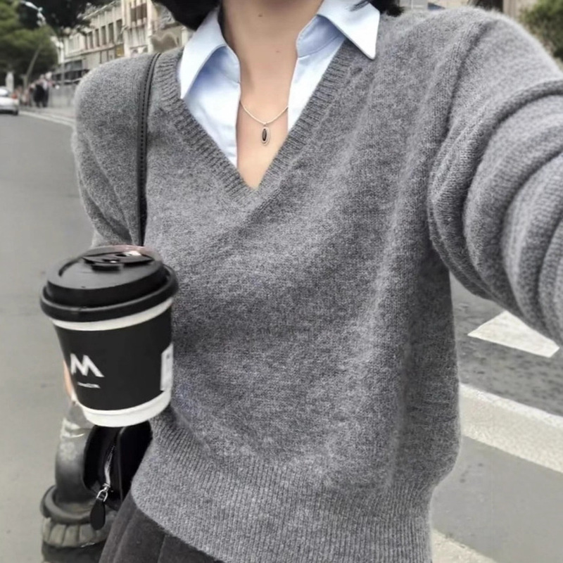 保暖内搭假两件针织衬衫女士秋冬爆款设计感羊毛上衣|undefined
