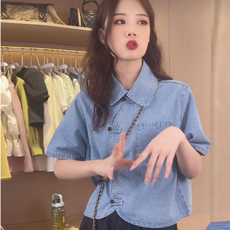 2025 Summer New Denim Shirt Fashion Retro Cheongsam Button Slim Design Niche Shirt Denim Short Sleeve Top