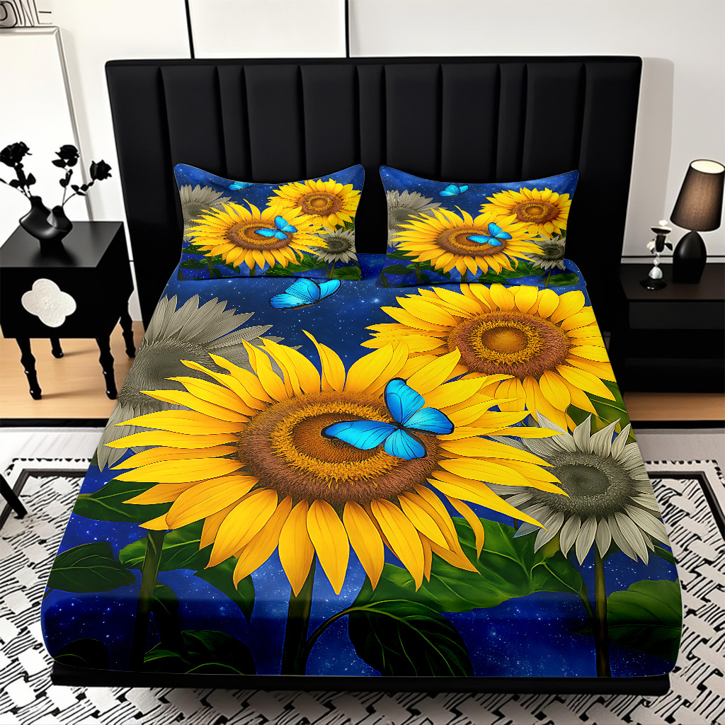 Comercio exterior transfronterizo textil doméstico patrón de girasol impresión digital 3D cama de molienda de tres piezas JIT modelo Temu