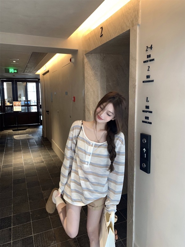 韩系慵懒条纹薄款微透长袖T恤女早秋防晒罩衫设计感宽松休闲上衣|undefined