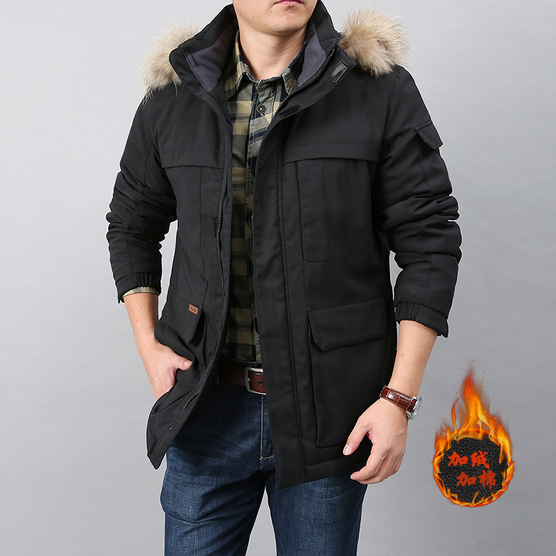 Transfronterizo especial para el otoño y el invierno de los hombres de algodón acolchado Abrigo con capucha de longitud media de negocios herramientas de lana forrada engrosada con cuello de piel