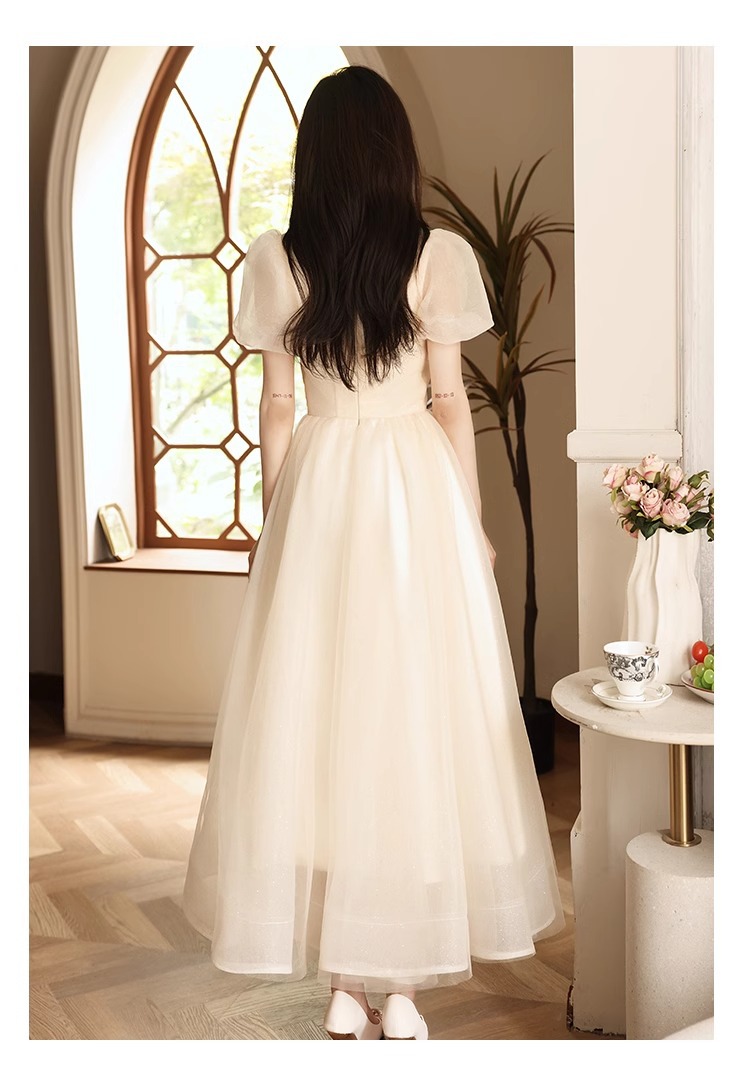 Đầm maxi nữ thắt eo kiểu Pháp, chất vải gạc nhẹ, phù hợp dự tiệc, lễ tốt nghiệp, lễ trưởng thành — Màu sâm panh, Màu trắng be, Màu xanh lam nhạt, Nhấp nháy nhẹ, hãy cẩn thận chi tiết 14