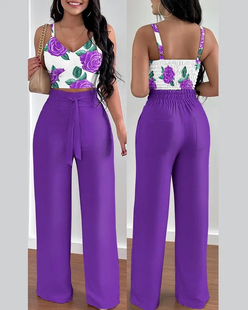 Polyester Fabric Type Pant Co-ord Set Sets Type Daily Women's Casual Solid Color Flower Polyester Printing Backless Pant Co-ord Set Pants Sets