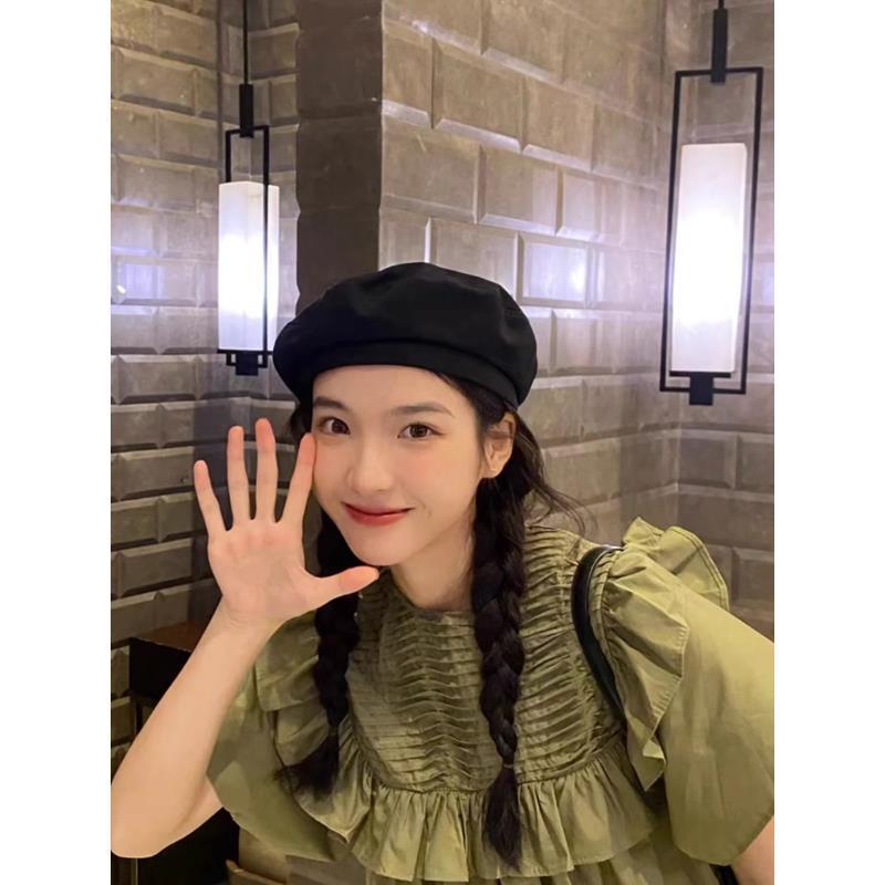 (2개) 작은 검은 면 베레 여성 복고풍 간단한 한국 모자 2023 새로운 얇은 화가 모자 봄과 여름