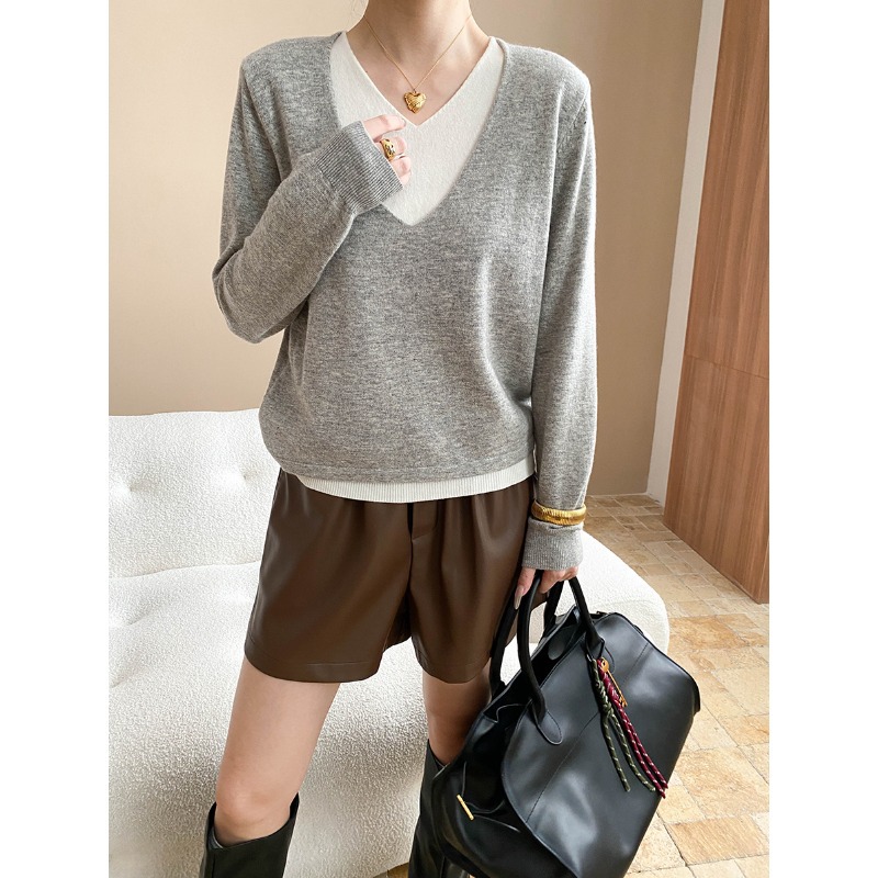 司南 早秋新款 设计感撞色假两件V领宽松显瘦慵懒针织衫 SN7847