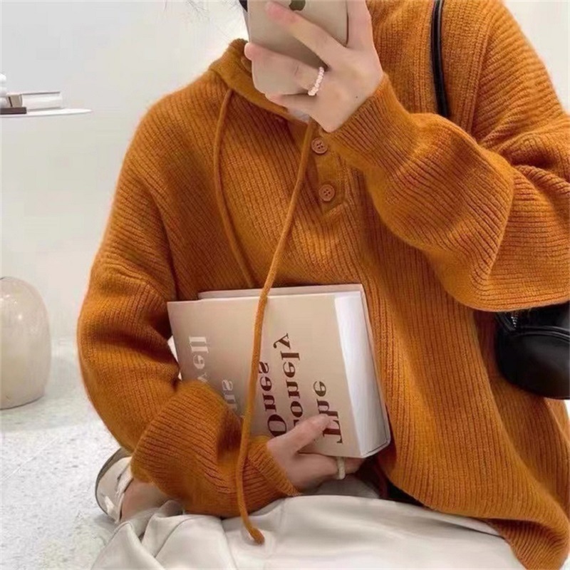 Suéter de mujer invierno / otoño abrigo temperamento de alto nivel japonés / coreano relajado chaqueta de viento con correa de correa variada camisa de punto con capuz image 10