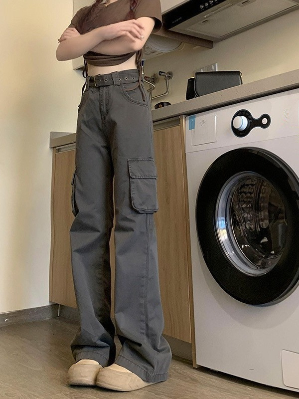 Gray micro-flare casual work pants for women 2023 autumn new American high-waist slimming multi-pocket flared floor pants