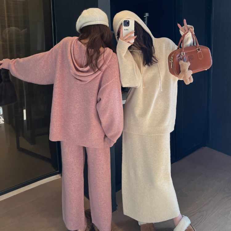 慵懒风针织套装裙女秋冬新款宽松休闲连帽毛衣九分裤裙时尚两件套|undefined