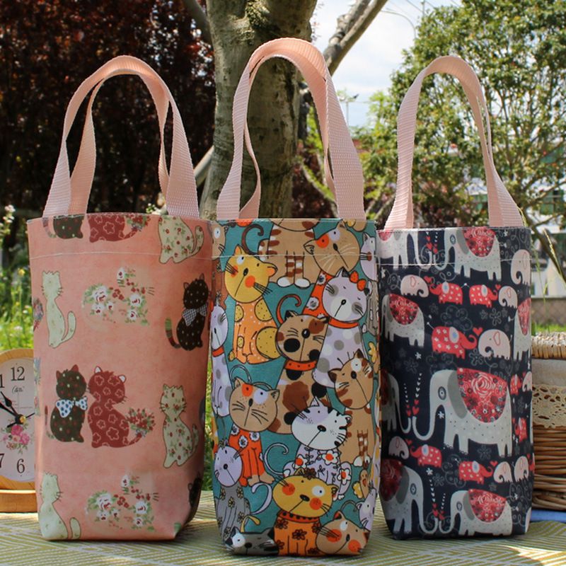 waterproof reticule canvas Bottle Bag Water cup Bag vacuum cup Cartoon lovely tea with milk Cup cover High-capacity Hand carry