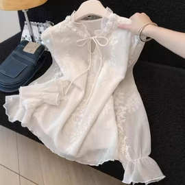 2026春季新款韩系系带木耳领蕾丝衬衫女气质显瘦长袖刺绣上衣