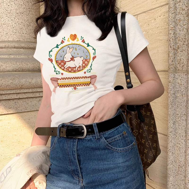 アメリカンスタイルの右肩漫画プリントデザイン多用途半袖Tシャツ女性用夏の新しいニッチカジュアル半袖トップ|undefined