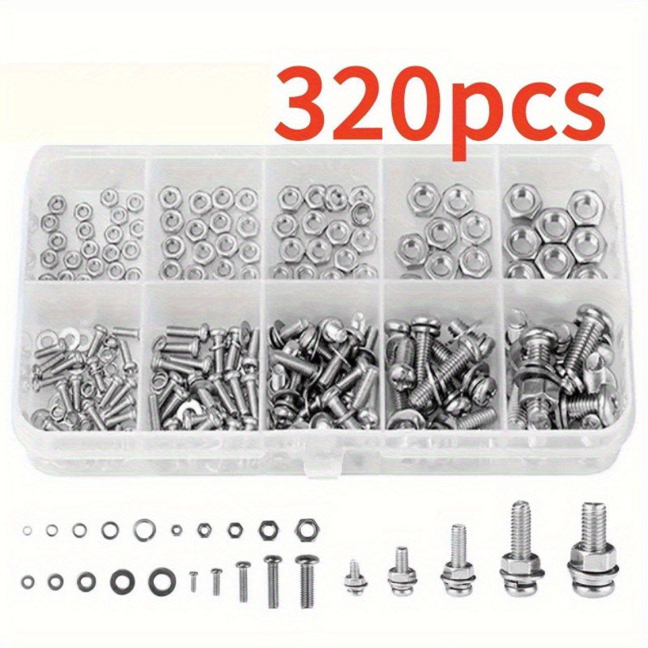 不锈钢六角螺母和螺栓套装320件 公制尺寸 DIY项目及维修通用五金
