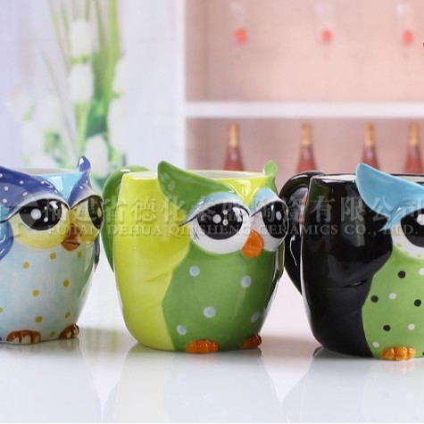 Exportación de cerámica búho taza de agua de cerámica dolomita dibujos animados logo logo taza de oficina taza de té al por mayor