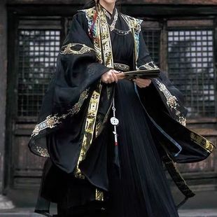 Wei and Jin Dynasty Style New Hanfu with Cross-Collar, Heavy Embroidery, Cloud Shoulder, Ancient Costume, Black, Spring and Summer, Unisex, Chinese Style