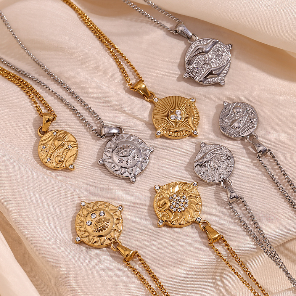 Zircon Inlaid Tarot Stainless Steel Pendant Necklace