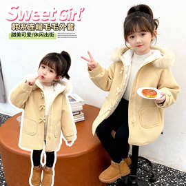 女小童蝴蝶结加绒毛呢大衣2025冬季新款女宝宝时尚洋气外套冬款潮