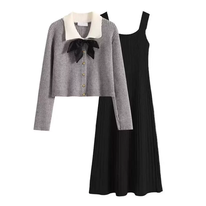 大朗针织衫工厂高级感蝴蝶结毛衣女装内搭针织吊带连衣裙冬季套装