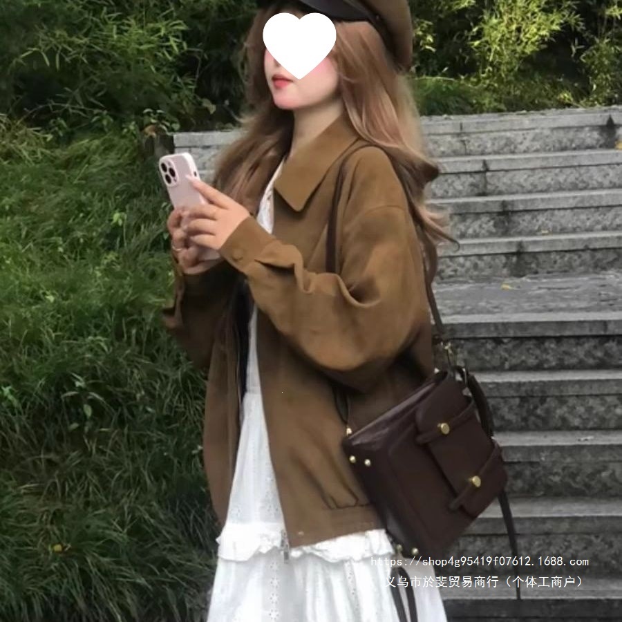 Brown suede coat for women, 2026 new autumn style, short solid color, Merard collar, loose casual jacket, trendy.