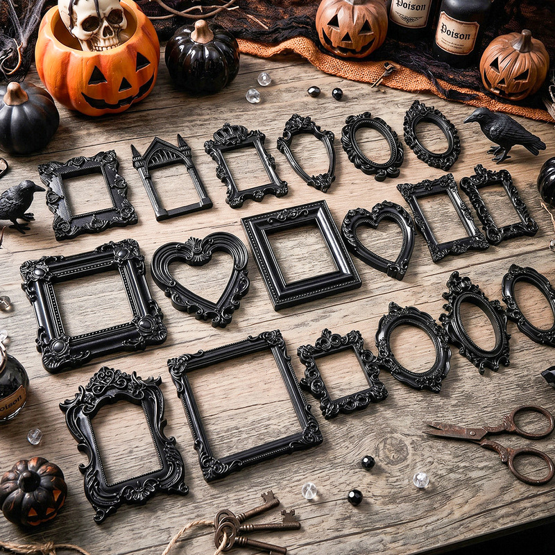 Black Mini Photo Frame for Halloween Photos, Vintage Baroque Relief Frame, Display Background Prop