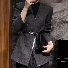 高级感格纹西装外套女欧洲站2025秋新款重工亮片收腰显瘦西服