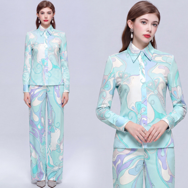 Light luxury commuter style printed casual shirt + loose versatile straight-leg pants two-piece set Light luxury commuter style printed casual shirt + loose versatile straight-leg pants two-piece set