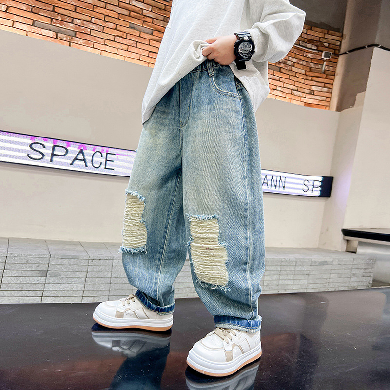 潮男大童秋装破洞宽松牛仔裤2025新款儿童装男孩秋季痞帅休闲裤子