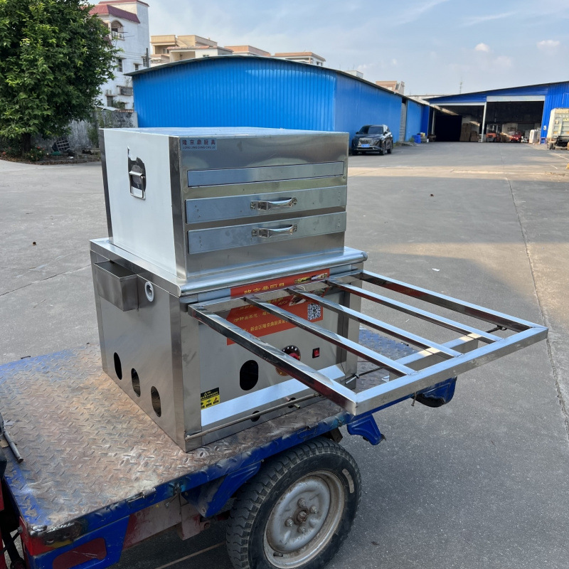 Longjingding modelo de coche de tres ruedas máquina de salchichas de gas vapor comercial multifuncional horno de salchichas de vapor de desayuno cabina completa