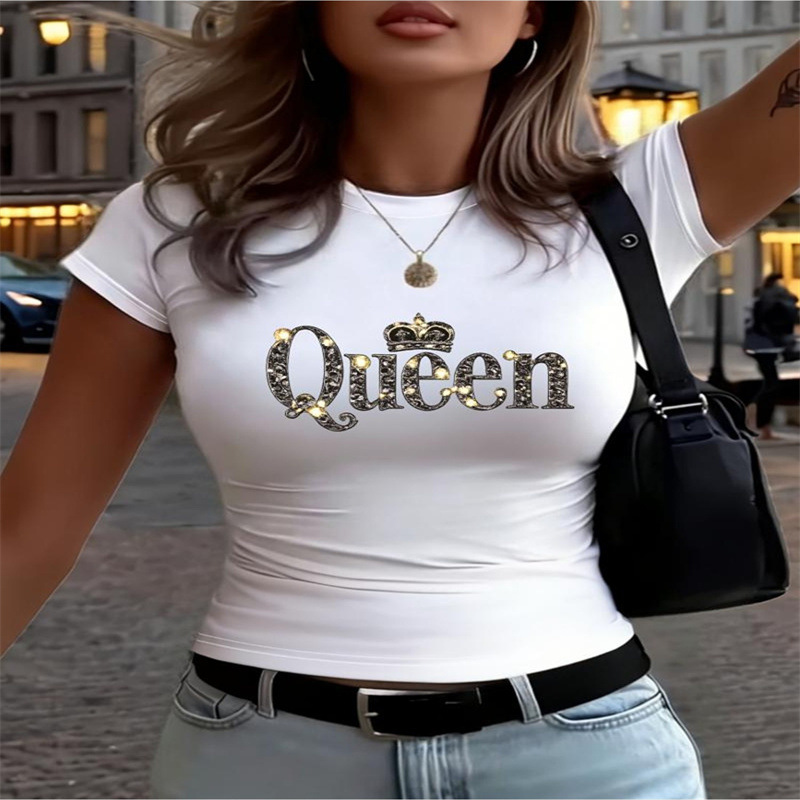 Women's Summer Vintage Y2K Pattern Print T-Shirt, Slim Fit Cropped Tee For Casual Streetwear_ecoleips.com