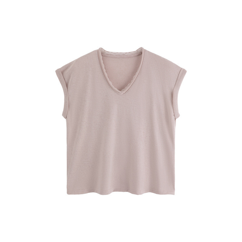 European-Style Trendy Youthful Loose Lace-Trimmed V-Neck Short-Sleeve T-Shirt for Women, New Summer Model, Unique and Beautiful Pure Desire Style Top