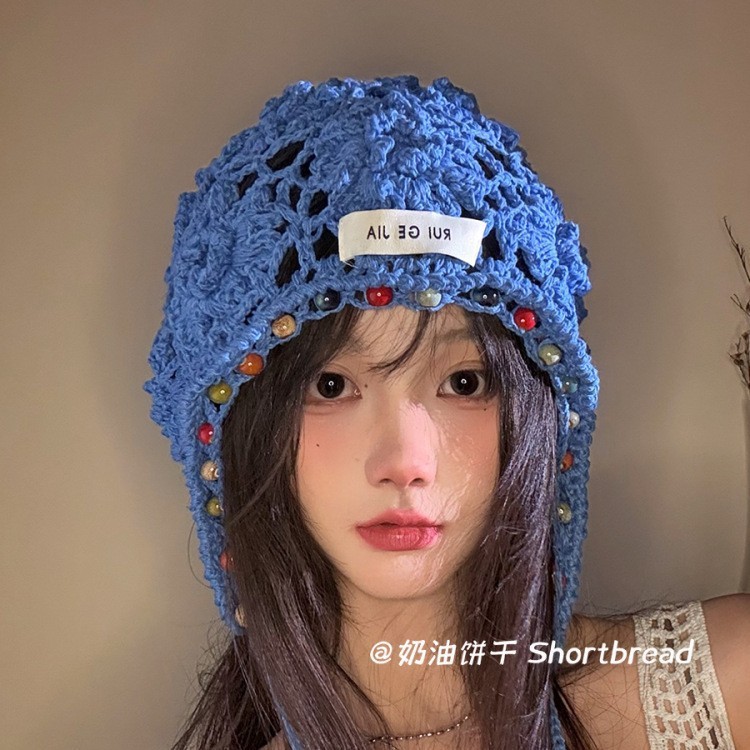 民族风镂空包头帽子女时尚手工钩花编织流苏绑带针织毛线帽套头帽|undefined