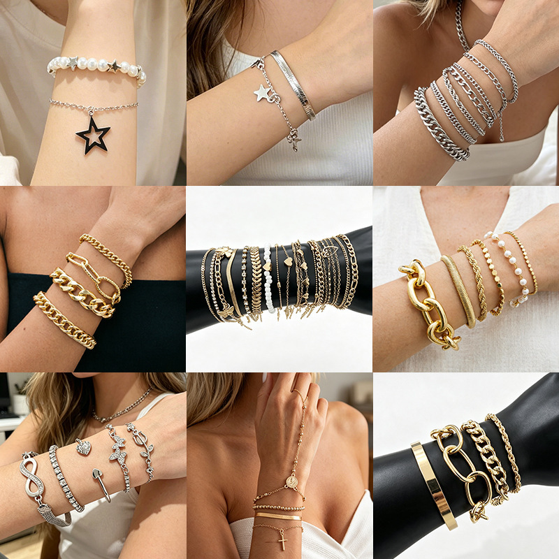 European and American Cross-Border Unique Niche Metal Bracelets, Exaggerated Multi-Layered Thick Chain Open Bracelet Set European and American Cross-Border Unique Niche Metal Bracelets, Exaggerated Multi-Layered Thick Chain Open Bracelet Set