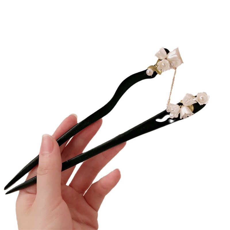 Nuevo clip de madera de estilo chino antiguo clip de cabello de orquídea de campana de estilo chino de alto nivel, vestido de caballo de flores, clip de cabello de cabello
