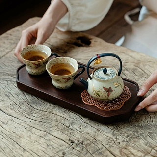 中式纯手绘蝴蝶兰花陶瓷一壶二杯茶盘功夫茶具家用茶壶茶杯干泡盘