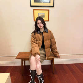 南油毒家版本现货鹅绒版原标MU家新款女士皮领贴布绣灯芯绒羽绒服