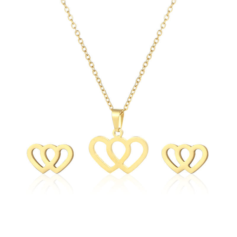 double love necklace and earrings set 18K gold stainless steel two-piece jewelry