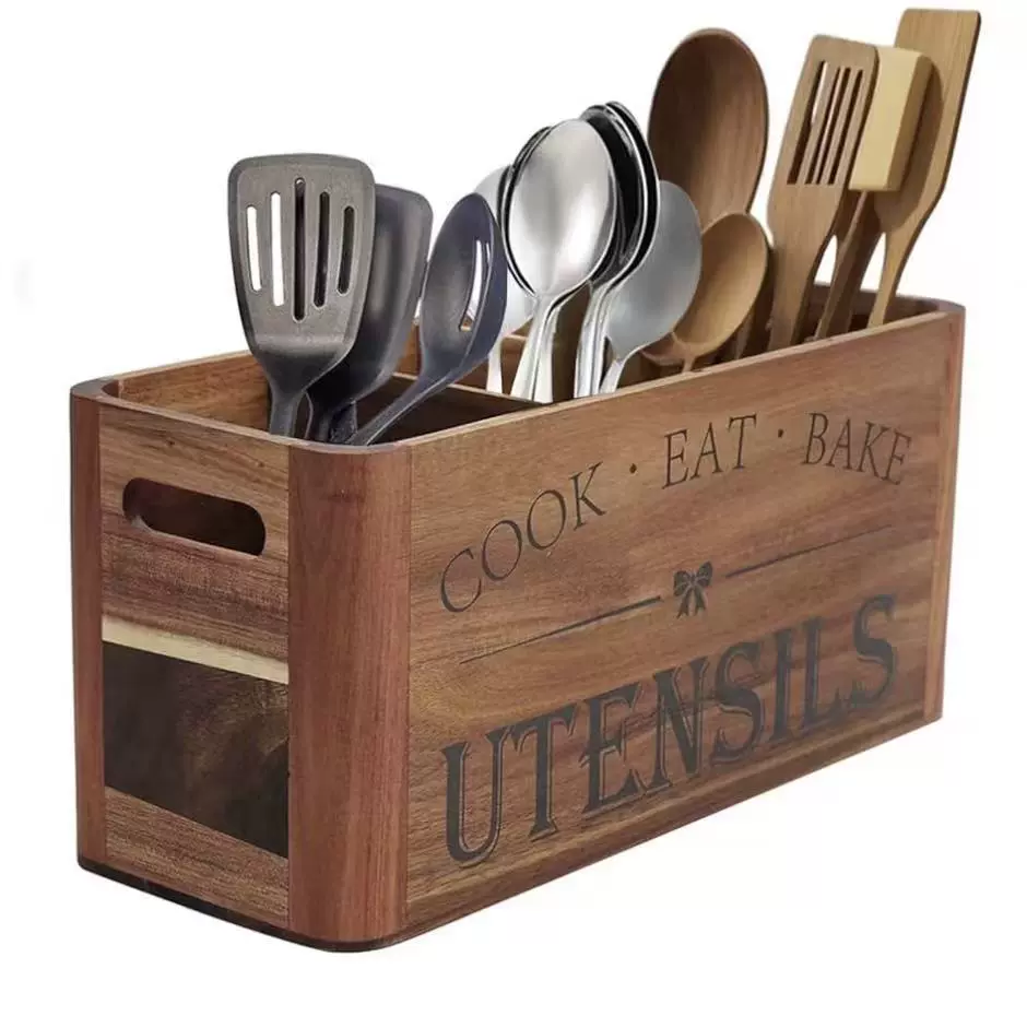 跨境相思木餐具收纳盒家用木质烹饪工具整理盒厨房木制分格餐具盒