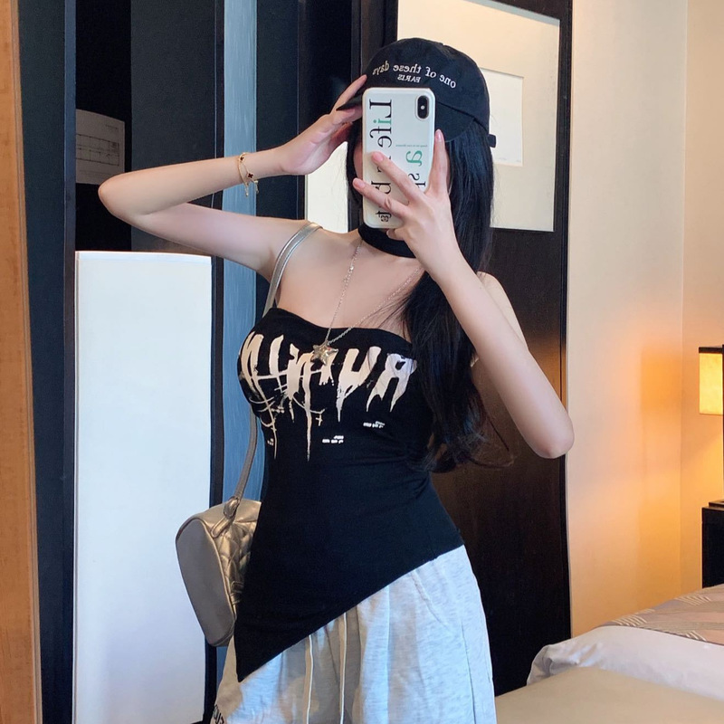 Summer New Style Pure Desire Letter Print Irregular Hem Halter Neck Beautiful Back Slim Fit Fixed Non-Cupping Versatile Top